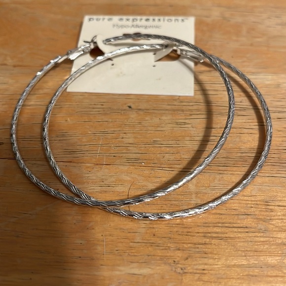 Large silver tone hoop pierced earrings, new on card, Pure Expressions - Picture 3 of 8